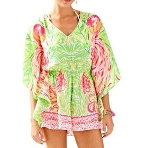 Lilly Pulitzer Mai Romper Tiki Pink Flamingo Swim Romper kimono jumpsuit